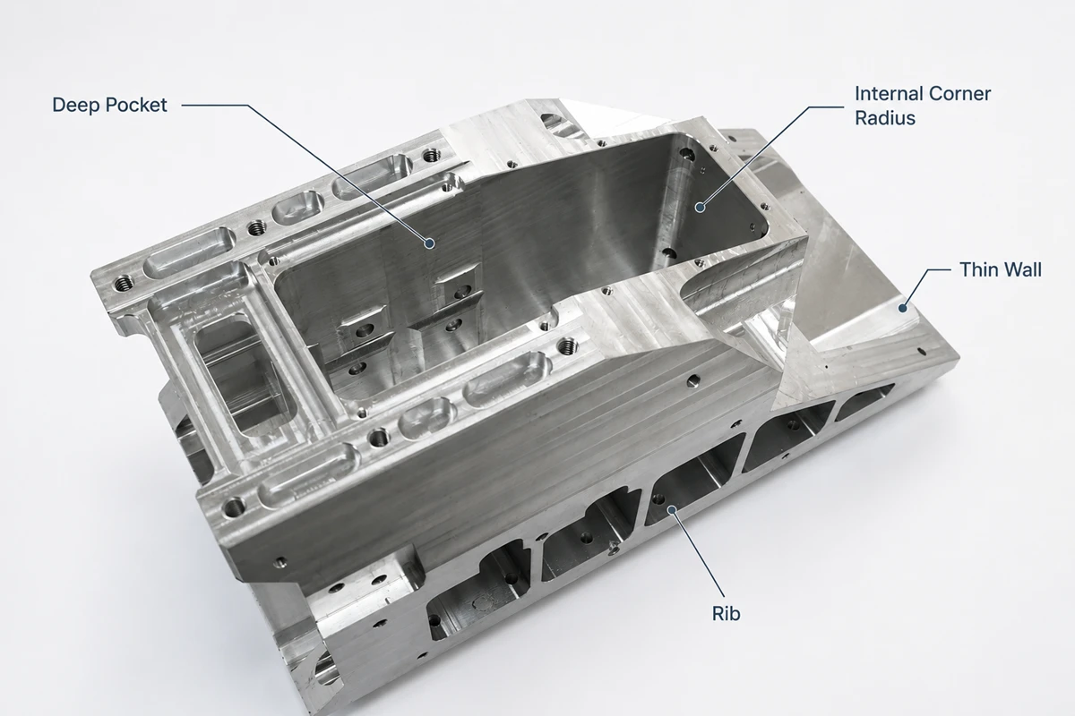 CNC machined part showing deep pockets internal corner radii and thin walls for DFM review