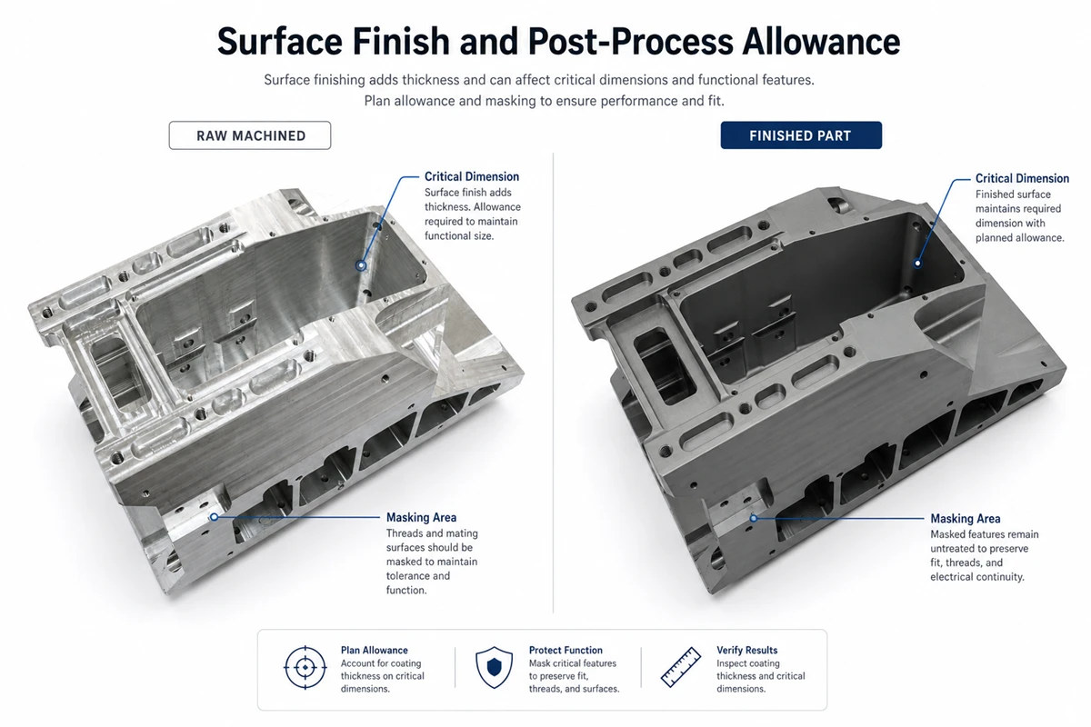 CNC machined parts before and after surface finishing with critical dimension and masking considerations