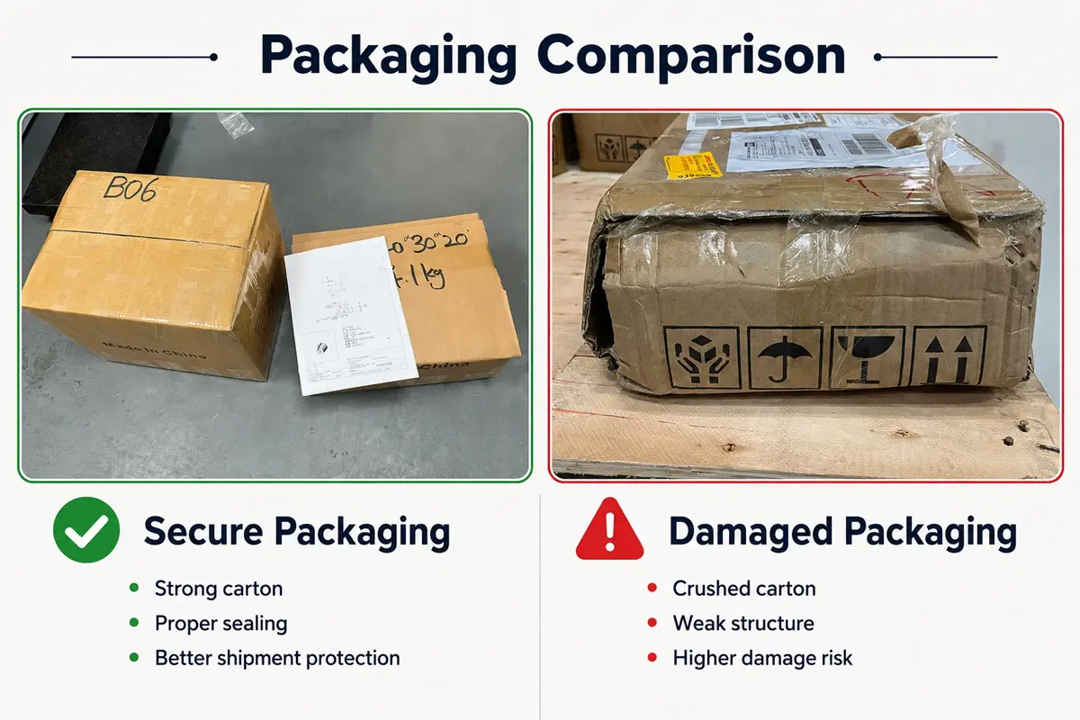 CNC machined parts packaging comparison showing a secure intact carton versus a crushed carton after transit