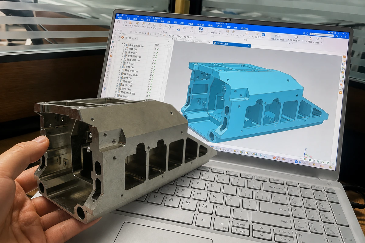 CNC machining DFM review with 3D CAD model engineering drawing and machined part