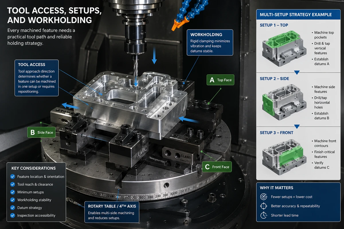 CNC machining workholding and tool access for multi face precision parts