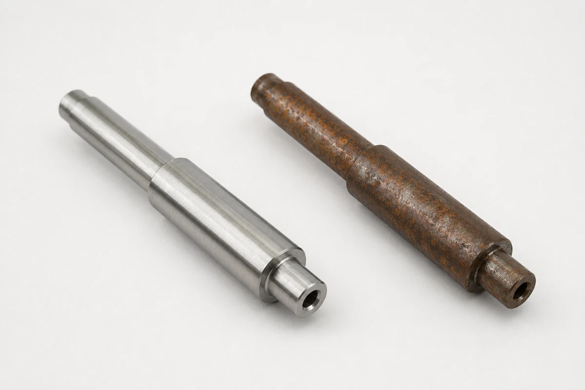Clean and rusted 4140 roller shaft illustrating rust prevention for machined steel parts