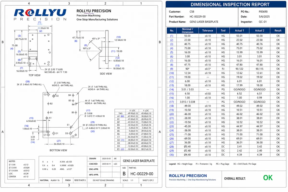 Engineering CAD drawing with numbered balloon callouts and inspection report