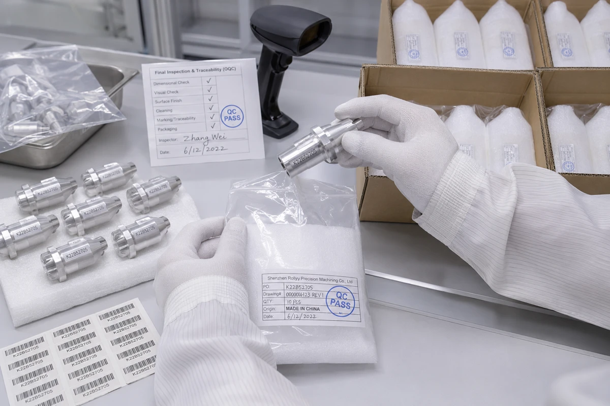 Final quality control check and trace code verification of CNC parts before packaging