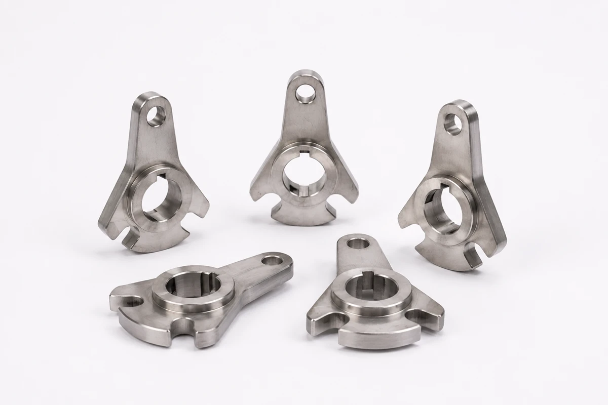 Hardened 440C stainless steel cylinder arms with precision reamed holes and machined profiles