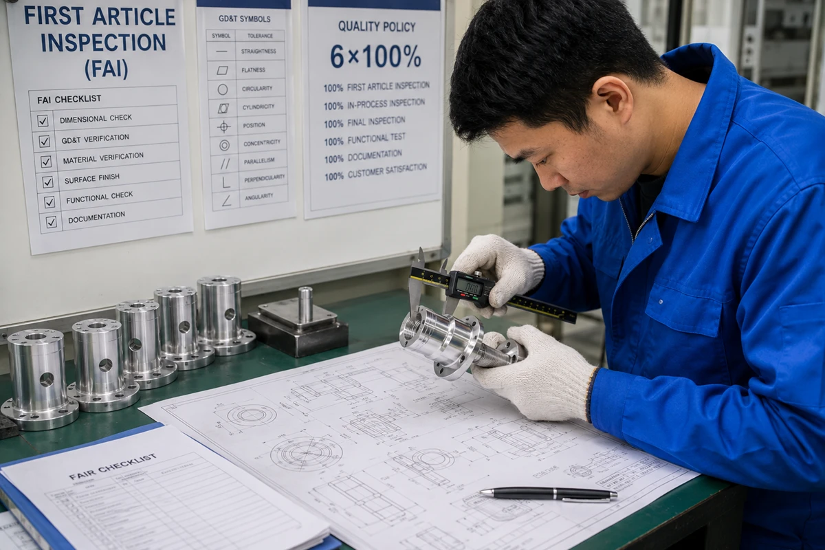 Inspector conducting First Article Inspection FAI with technical blueprint for medical parts