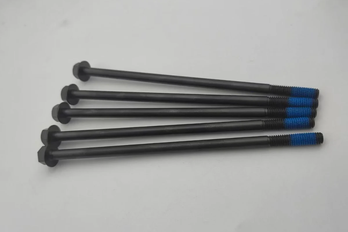 Long black finished threaded fasteners with blue pre applied material on the threaded ends