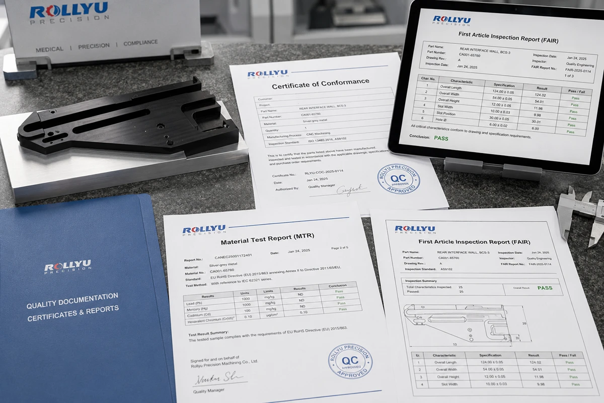 Medical device manufacturing quality documentation including CoC adn MTR and FAIR