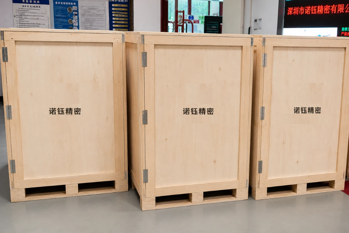 Plywood export crates used for large or heavy CNC machined parts requiring rigid outer protection