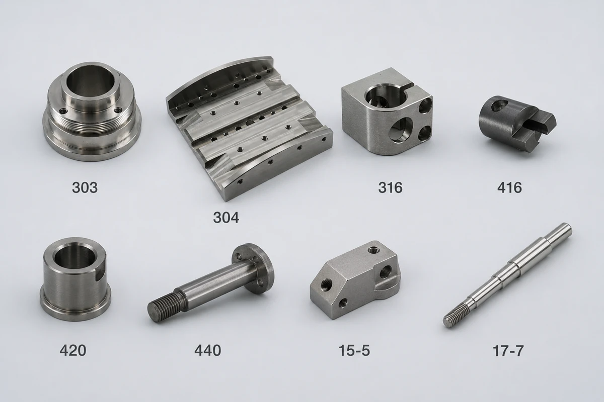Precision CNC machined stainless steel parts comparing different alloy grades