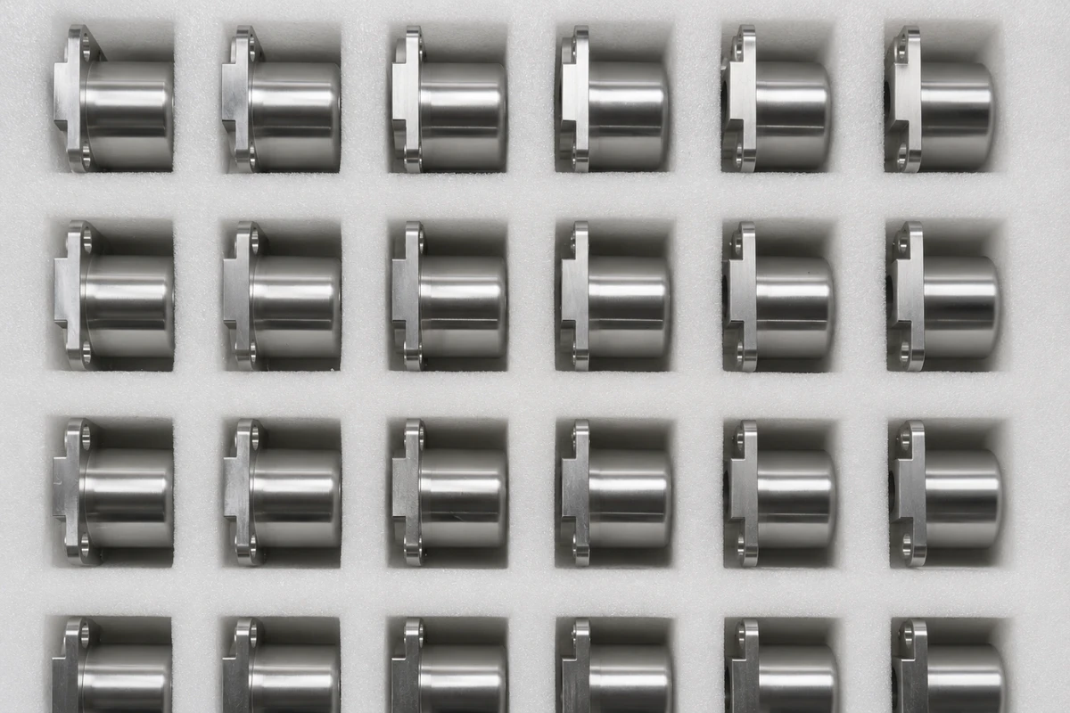 Precision machined aluminum bearing blocks placed in custom foam cavities to prevent part to part contact