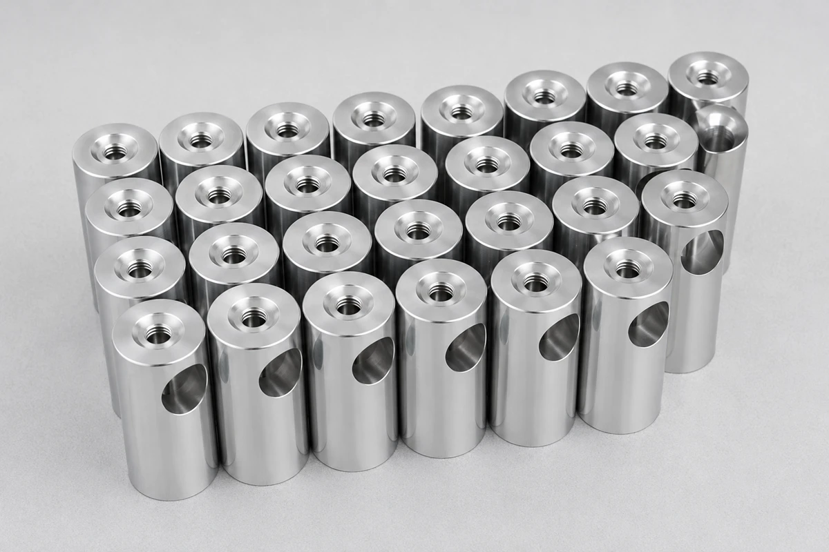 Rows of polished precision machined cylindrical threaded components with cross holes