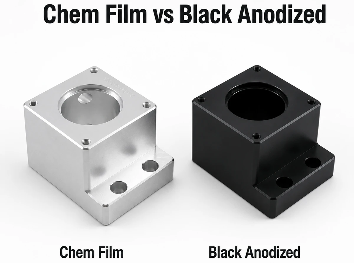 Silver chem film aluminum CNC part beside a black anodized aluminum part for surface finish comparison