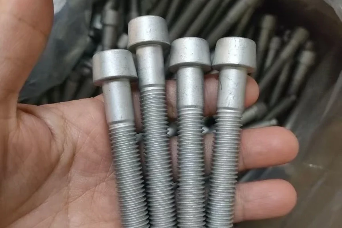 Silver finished socket-head threaded fasteners held for visual inspection