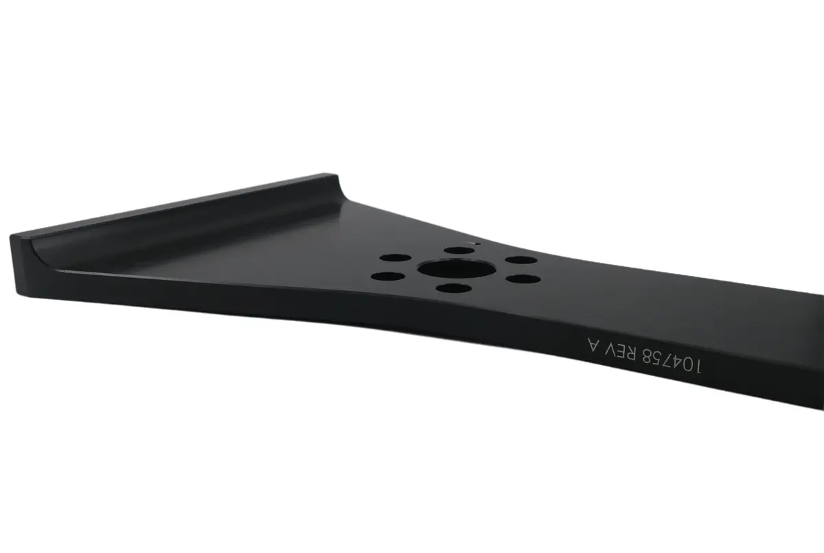 Slender CNC machined aluminum end effector arm highlighting thin walled