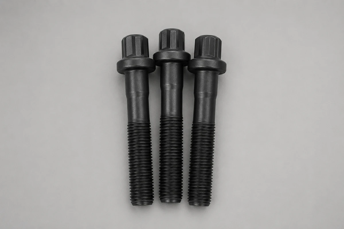 Three black finished high strength style threaded bolts on a neutral surface