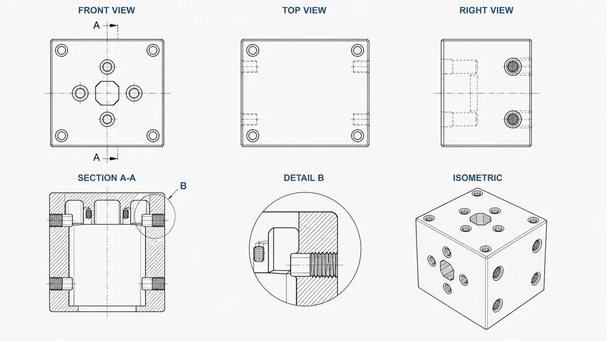 Views used in CNC technical drawings