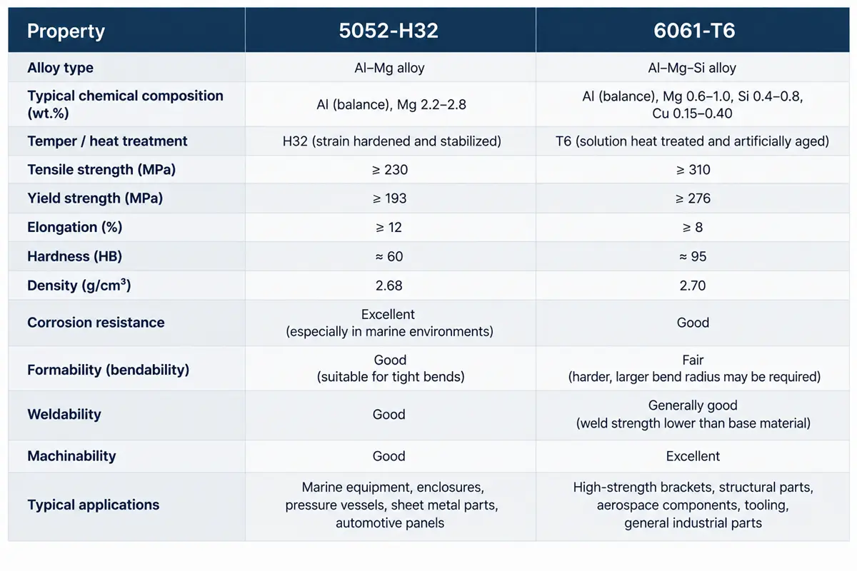 5052-H32 vs 6061-T6 material properties