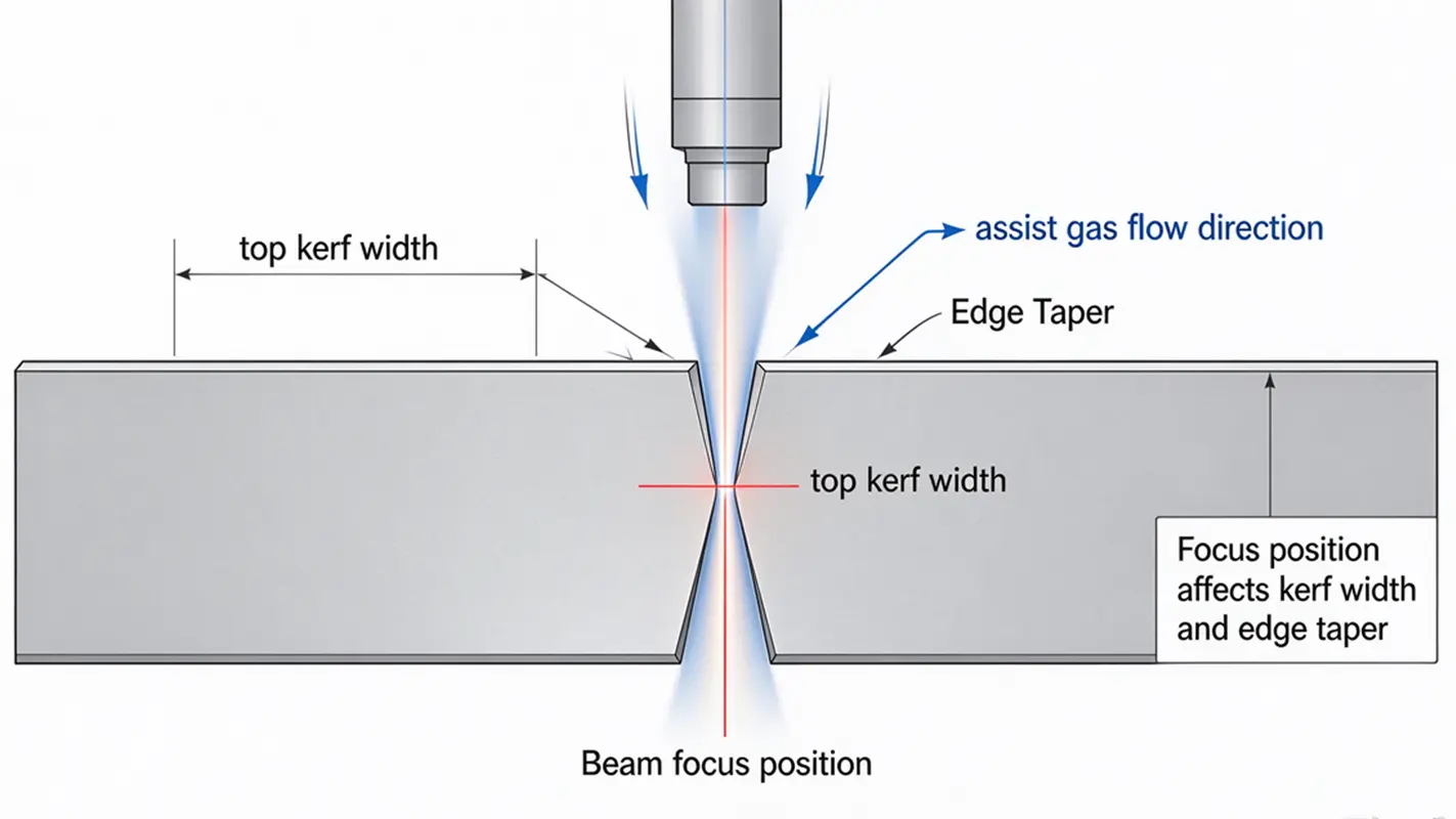 Laser beam focus and kerf taper diagram