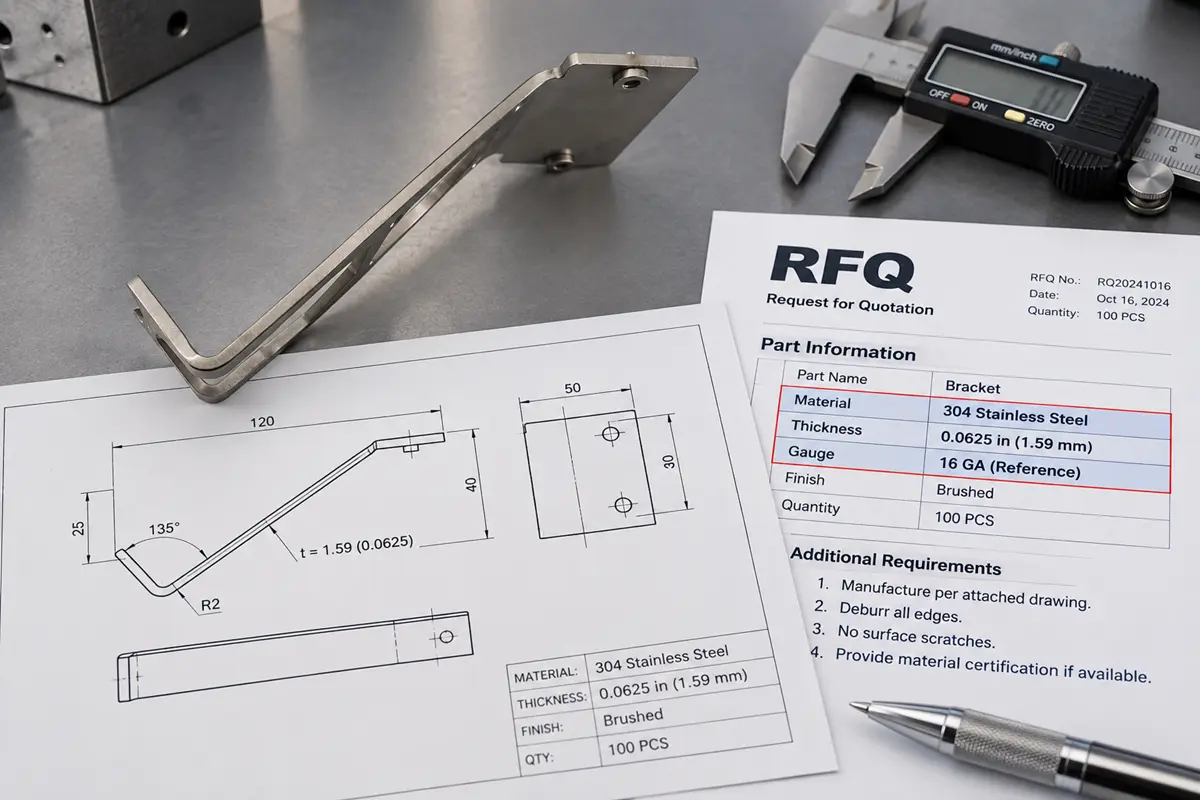 Sheet metal thickness on drawing and RFQ
