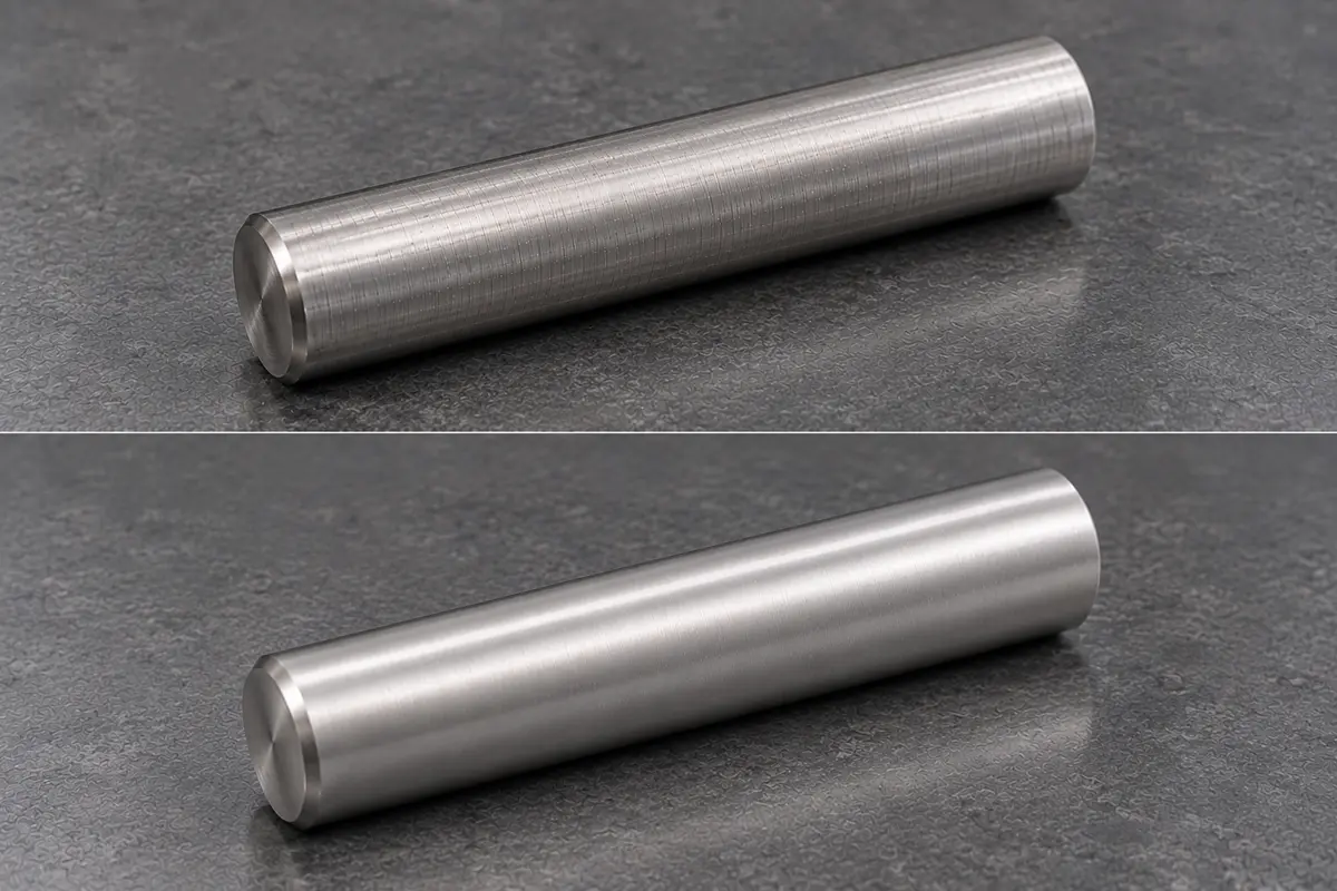 Steel shaft before and after finish machining