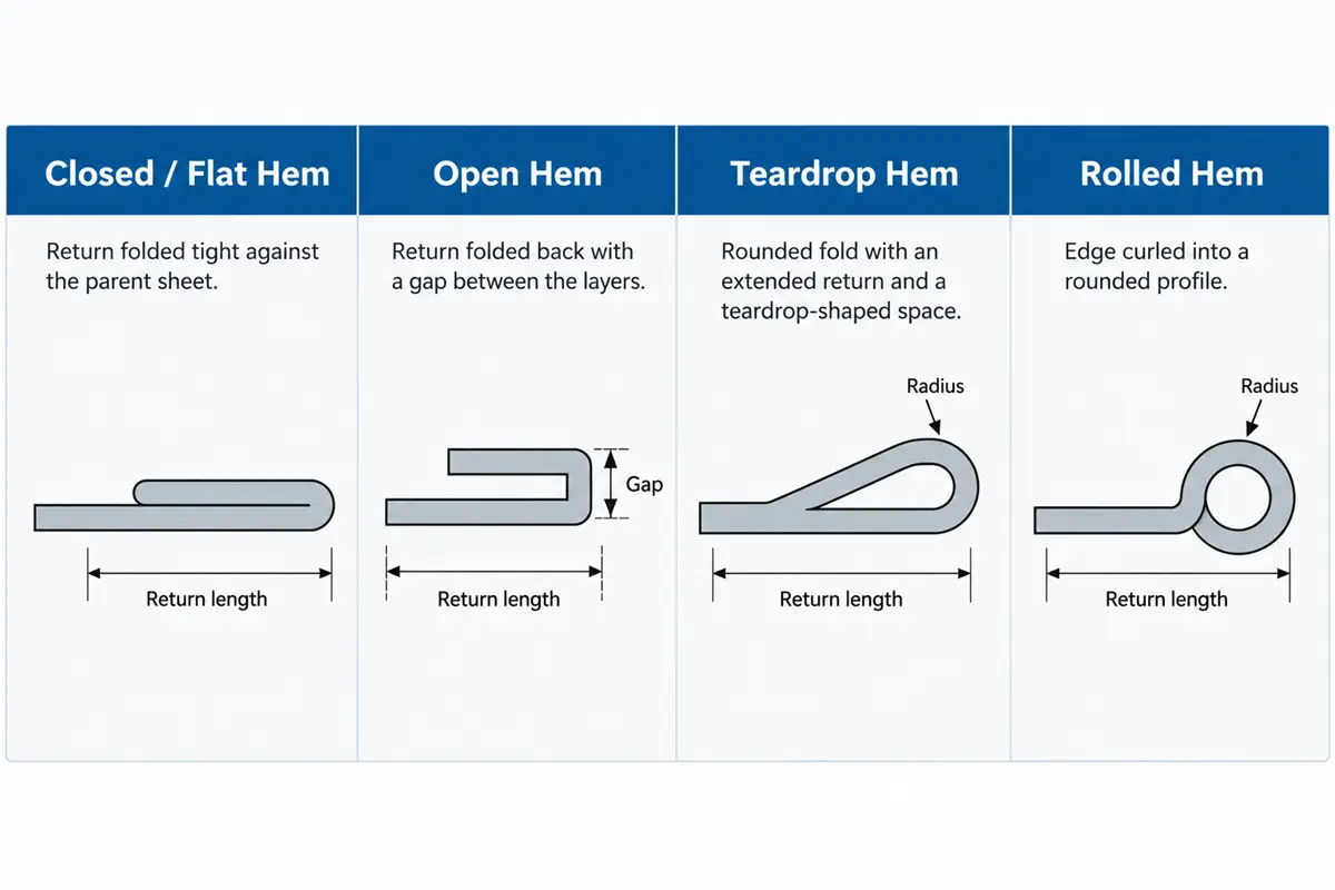 Four common sheet metal hem types