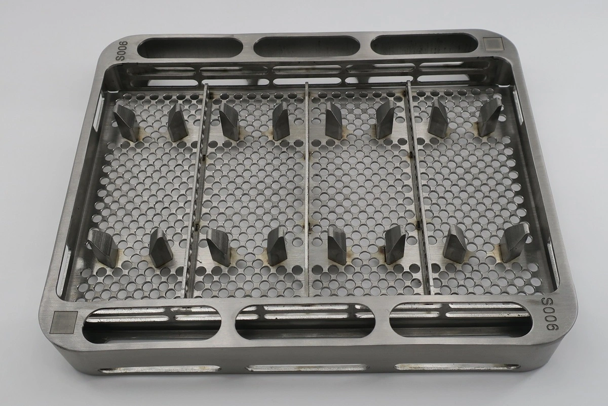 Metal tray with alignment pins